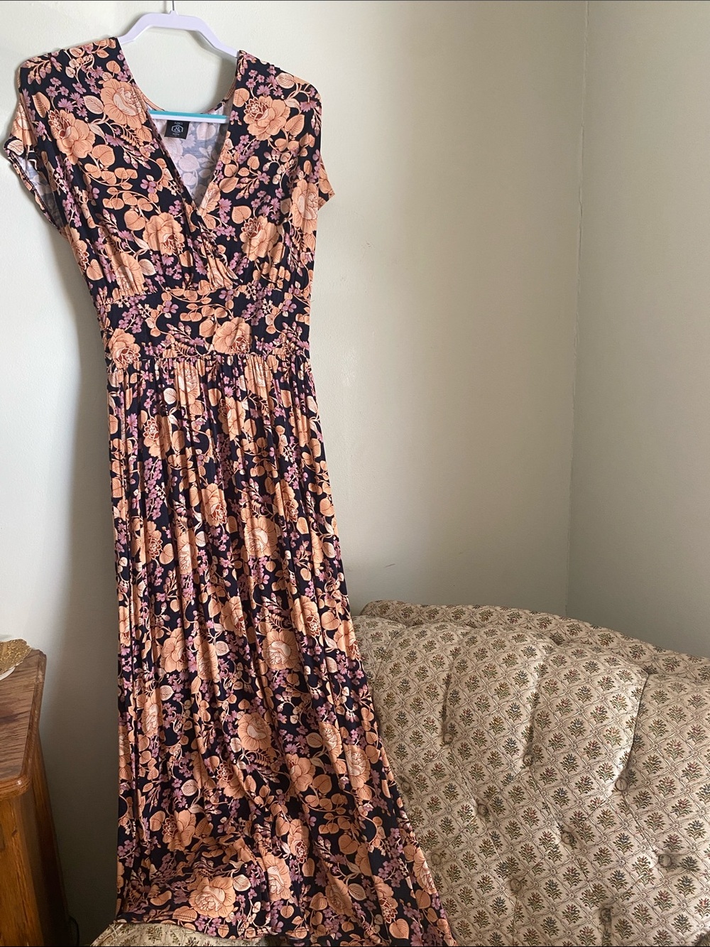 Agnes & Dora Spencer Crossover Maxi Dress
 in Peach and Navy